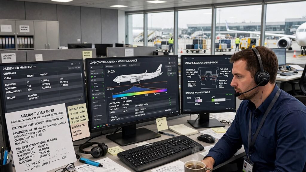 Aircraft load control professional reviewing aircraft weight and balance data before departure