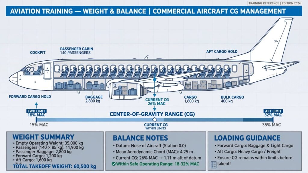 Aircraft load control illustration showing centre of gravity and weight distribution limits
