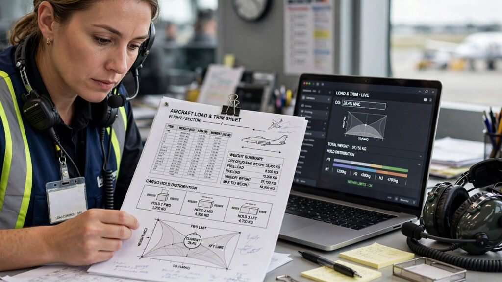 Aircraft load control specialist reviewing a load and trim sheet before flight departure