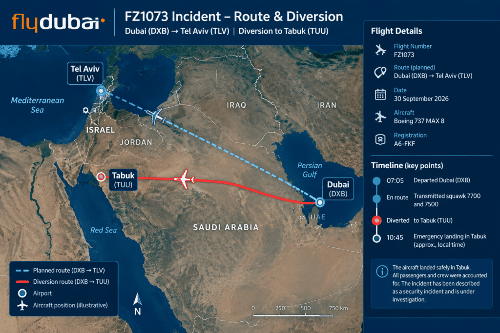 Flydubai FZ1073 incident route from Dubai to Tabuk diversion